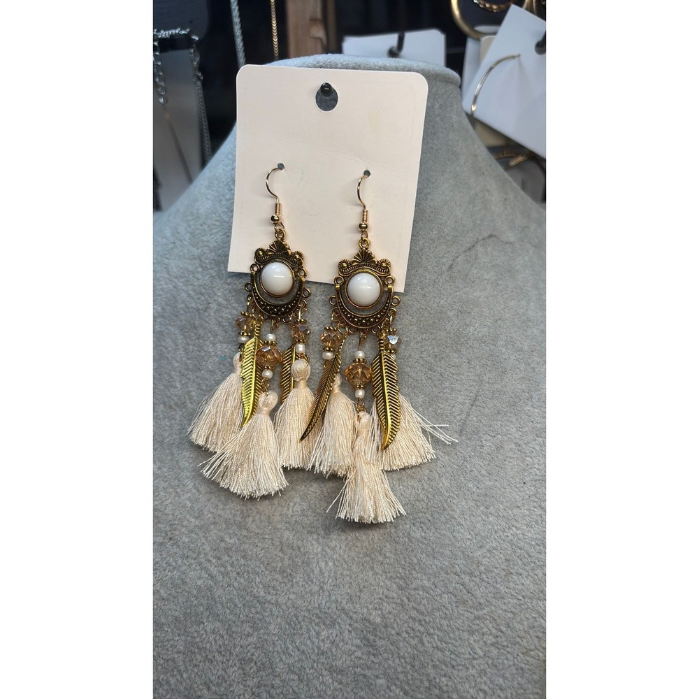 #5. Boho Chic Cream Tassel Dangle Earrings